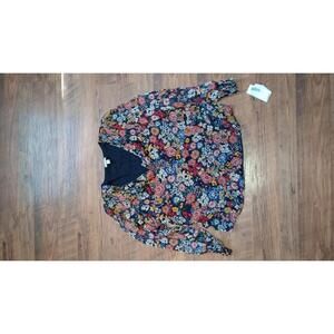 SAM JESS PETITE V-NECK SMOCKED-TRIM LON WINEBLACKMULTI PL